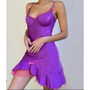 Victoria Secret Sexy Little Things Pink/Purple Night Gown Size 34B Tulle Bow‎
